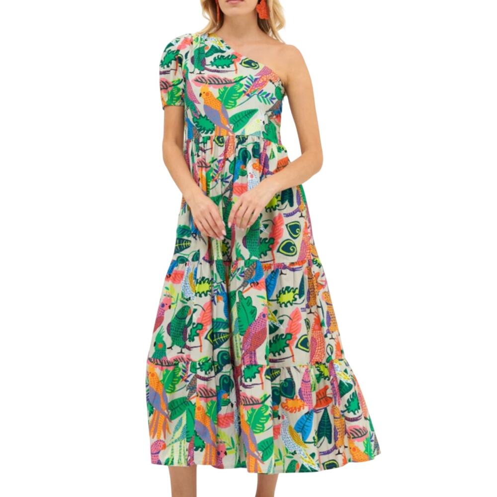 Oliphant Size Medium Vacation Green Colorful Flowy Luxury Tropical Midi Dress